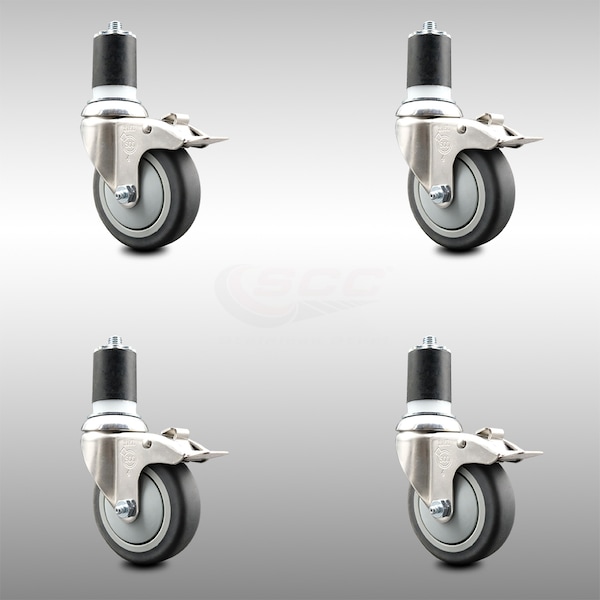 Service Caster 4 Inch 316SS Thermoplastic Rubber Swivel 1-3/4 Inch Stem Caster Set Lock Brake SCC-SS316TTLEX20S414-TPRB-134-4 - main